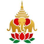 Ein stilisierter goldener Elefant mit roten Ohren steht vor einem gestuften Tempelturm, über einer roten und grünen Lotusblume auf weißem Hintergrund - und fängt den lebendigen Geist Thailands ein.